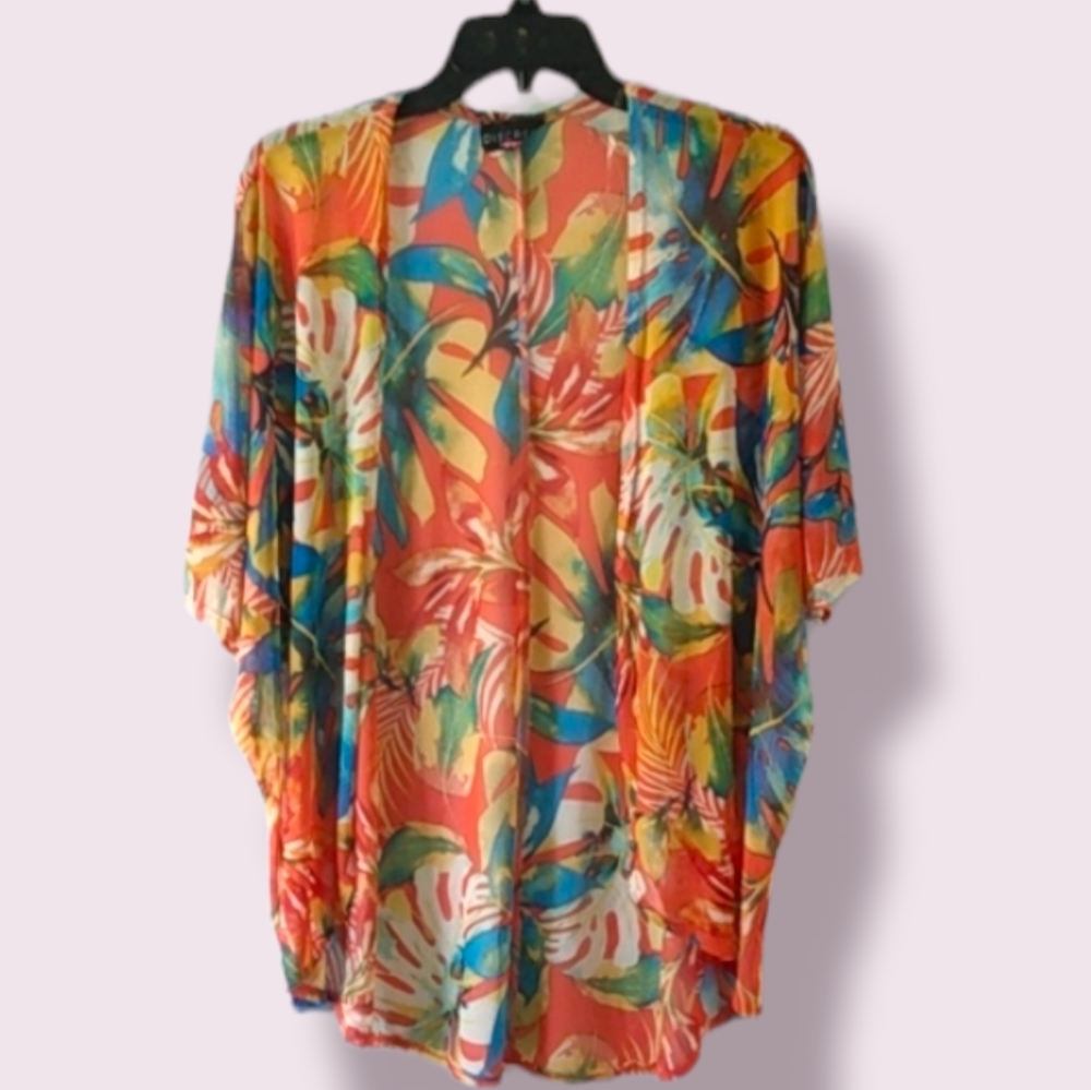 Women's DISCREET Floral Cardigan Tropical Orange Chiffon Fabric